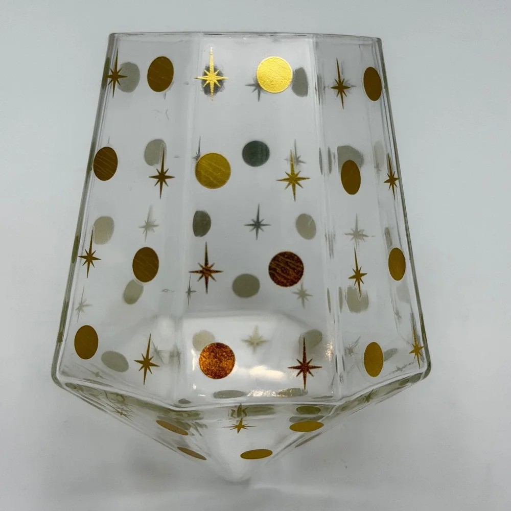 Chic and Tonic Faceted Glass Diamond Tumbler Set 4pc Gold Starburst Mid-Century‎
